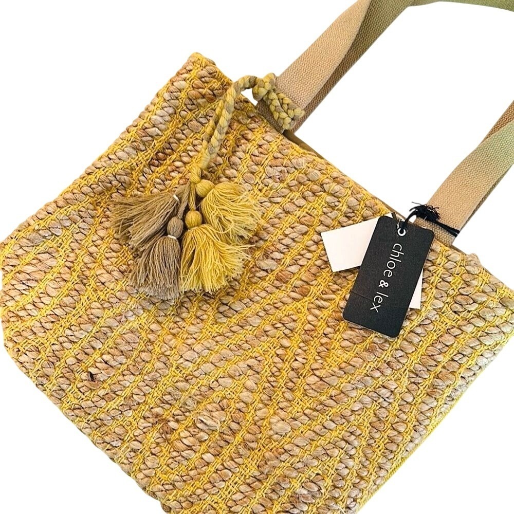Chloe & Lex Tote Bag Women's‎ Large Yellow Woven Straw Tassel Boho Beach Coastal